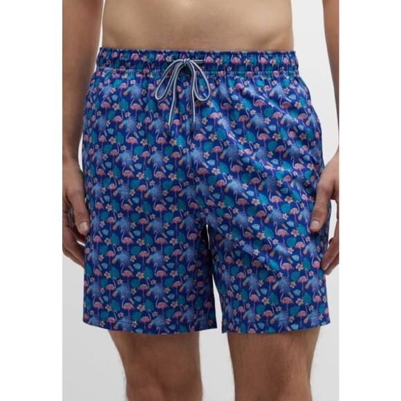 Peter Millar Swim Trunks Crown Tropical Flock Print Blue Lined Drawstring XL - Picture 2 of 9